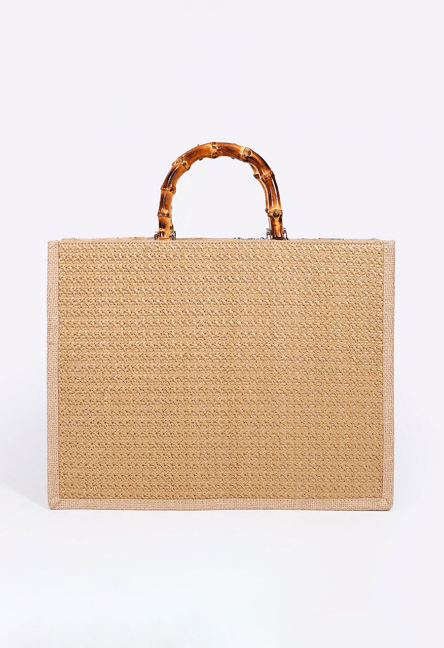 Sequin Floral Embroidered Bamboo Handle Tote Bag in Orange