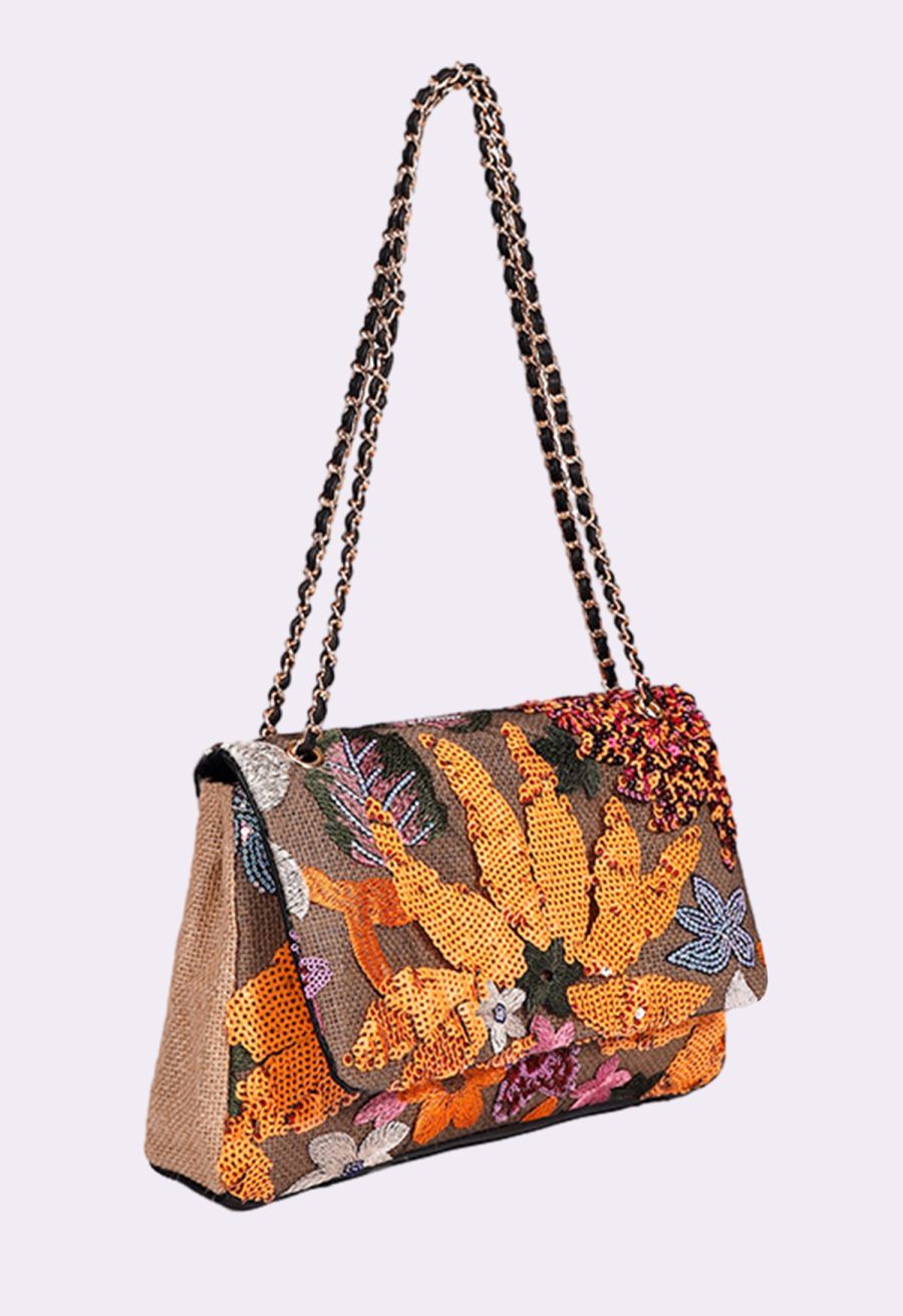 Sequin Floral Embroidered Shoulder Bag in Orange