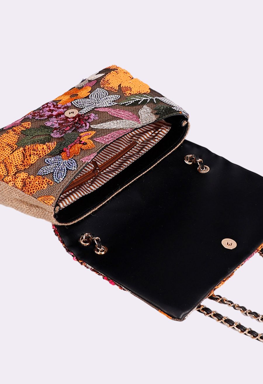 Sequin Floral Embroidered Shoulder Bag in Orange