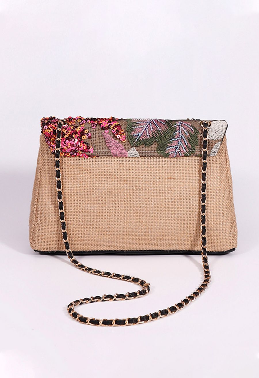 Sequin Floral Embroidered Shoulder Bag in Orange