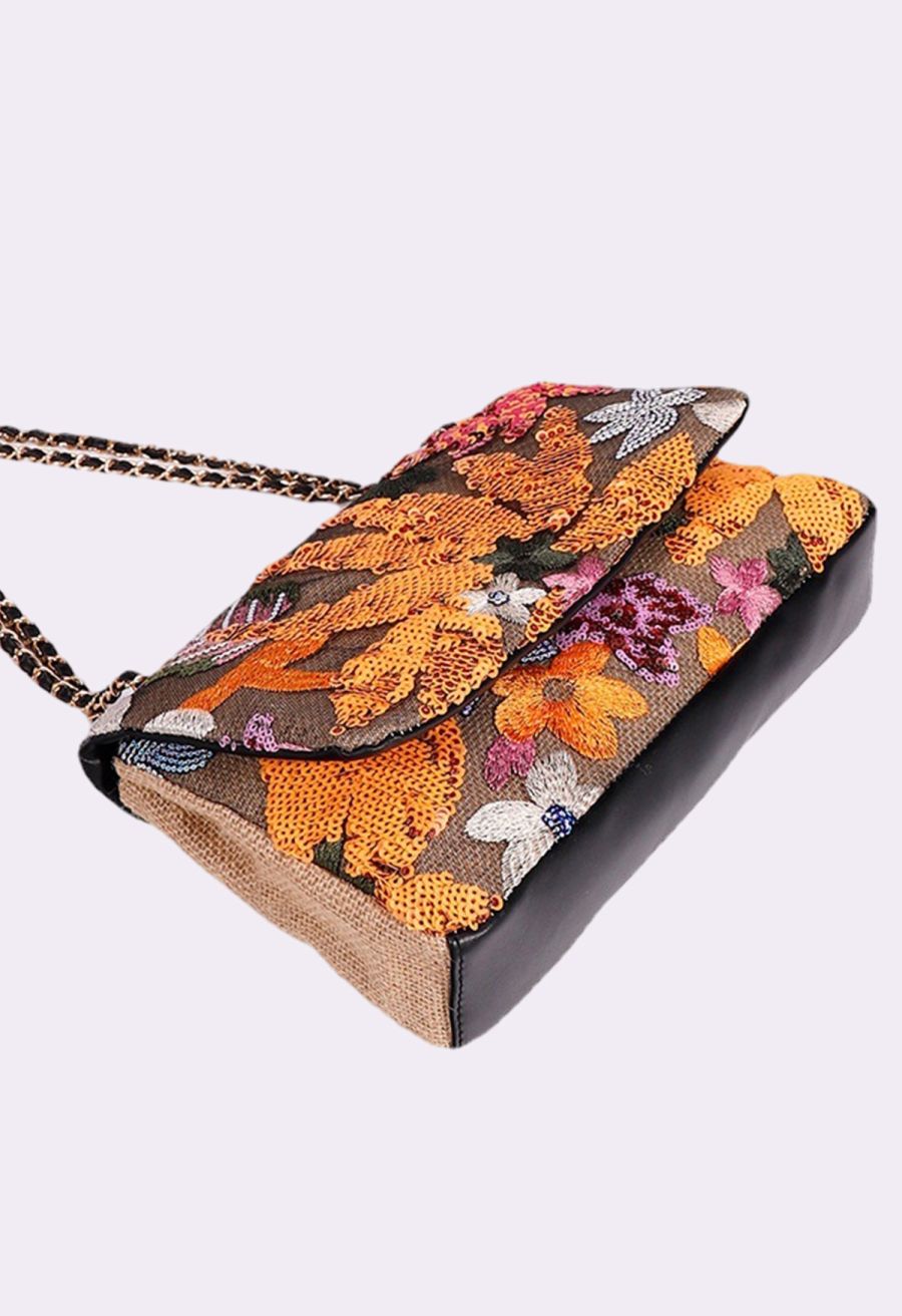 Sequin Floral Embroidered Shoulder Bag in Orange