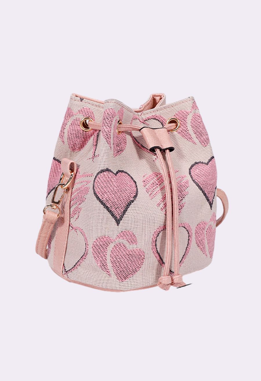 Pink Heart Jacquard Drawstring Mini Bucket Bag