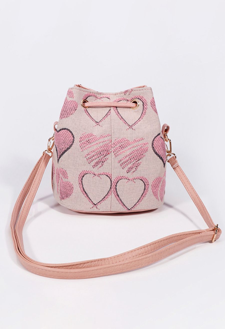 Pink Heart Jacquard Drawstring Mini Bucket Bag