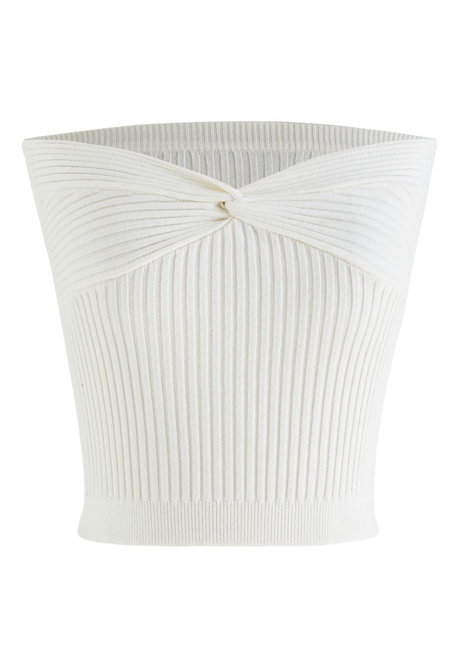 Twist Front Ribbed Knit Tube Crop Top in White