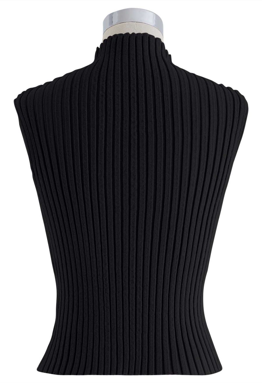 Mock Neck Sleeveless Rib Knit Top in Black