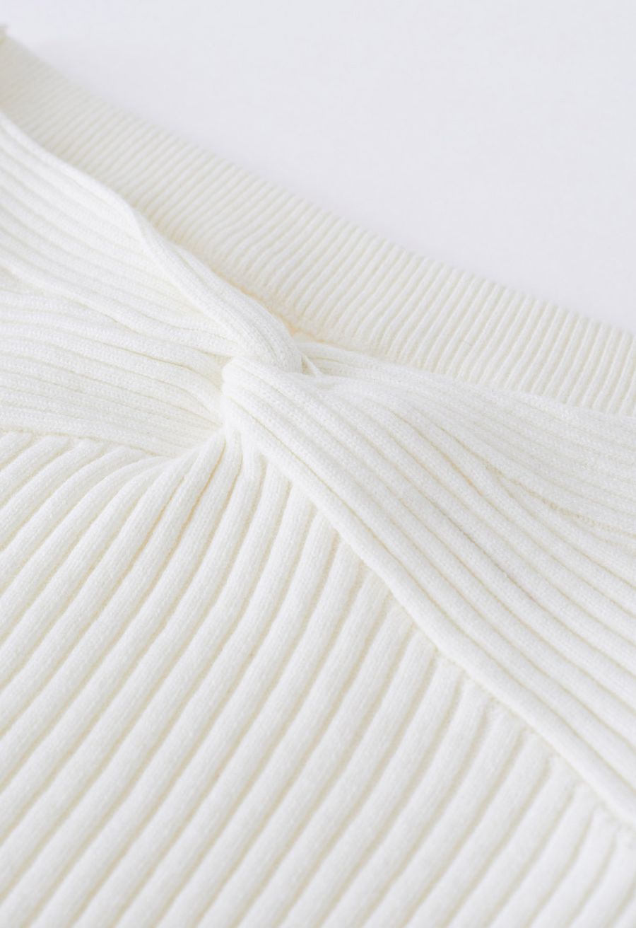 Twist Front Ribbed Knit Tube Crop Top in White