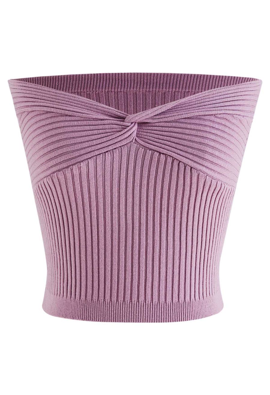 Twist Front Ribbed Knit Tube Crop Top in Lilac