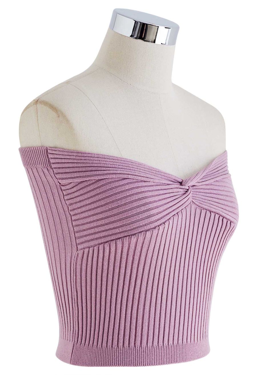 Twist Front Ribbed Knit Tube Crop Top in Lilac