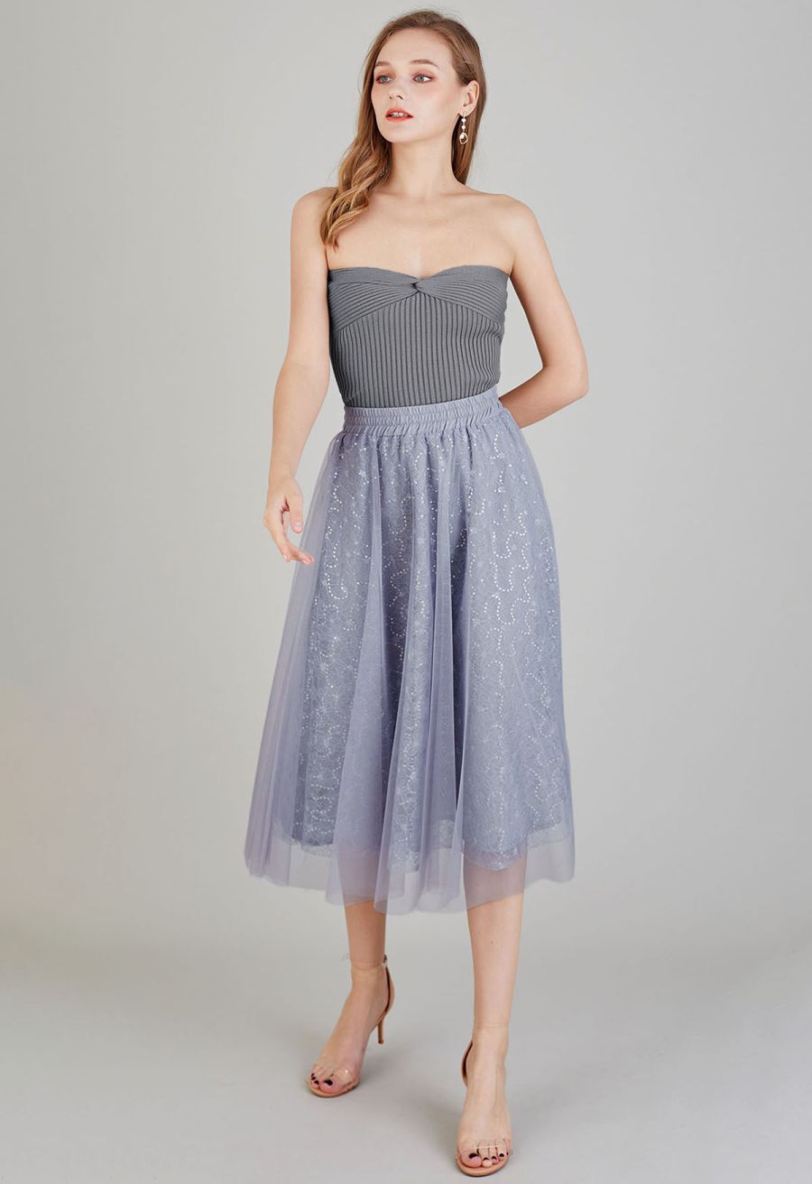 Sequined Floral Lace Mesh Tulle Skirt in Grey