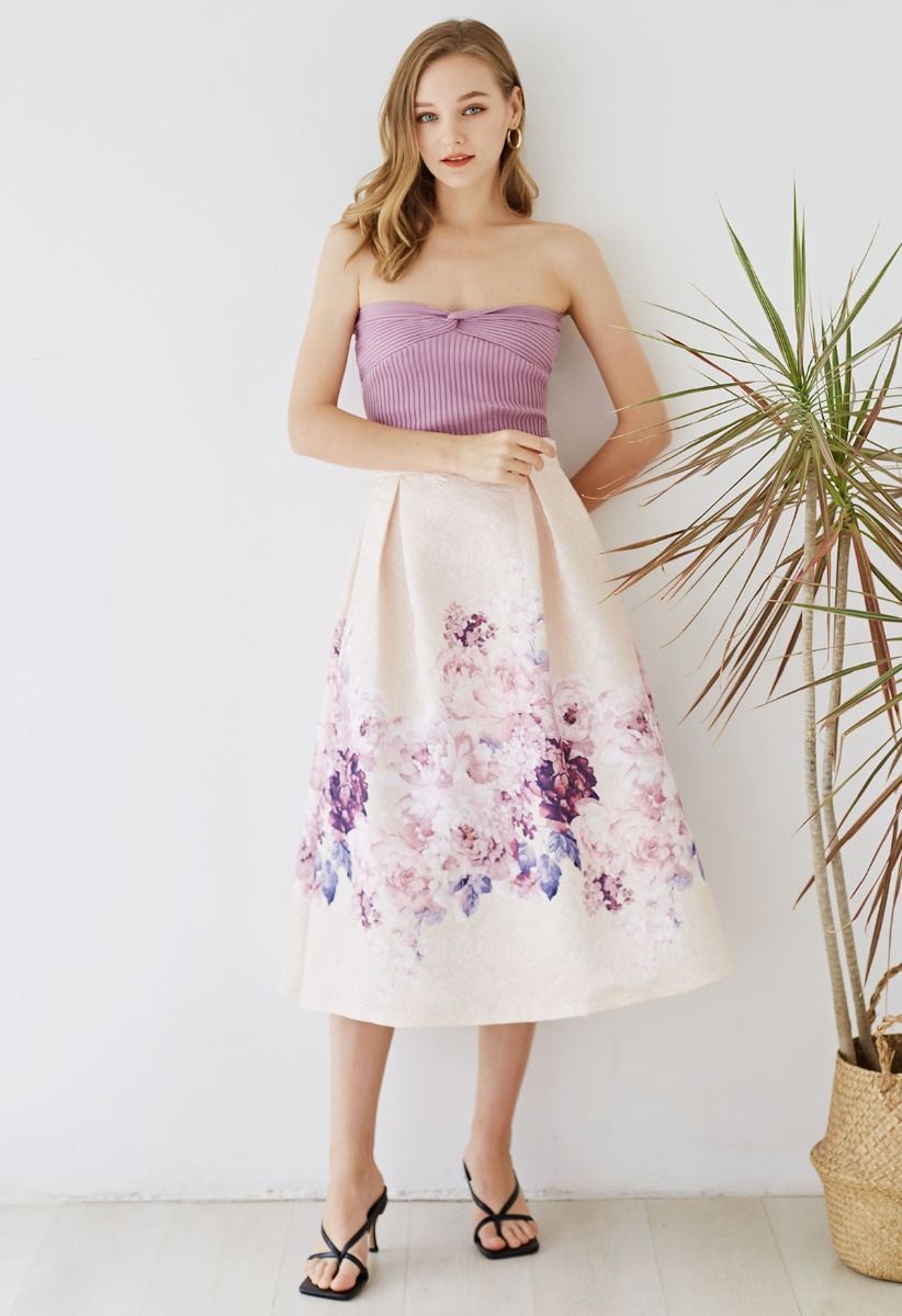 Lavender Peony Print Embossed Midi Skirt