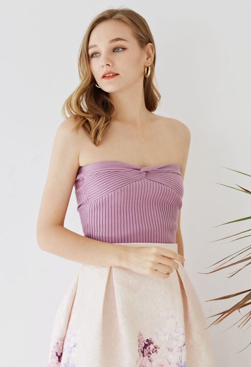 Twist Front Ribbed Knit Tube Crop Top in Lilac