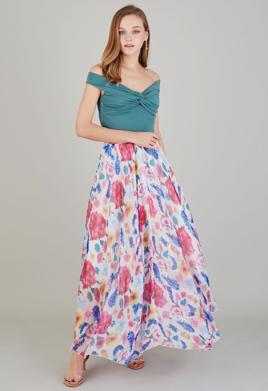 Colorful Blossom Printed Chiffon Maxi Skirt in Pink