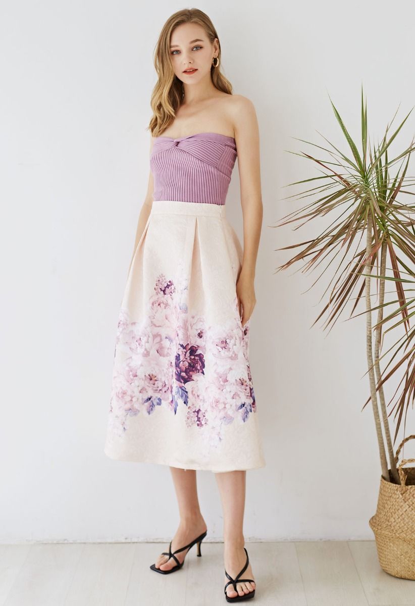 Lavender Peony Print Embossed Midi Skirt