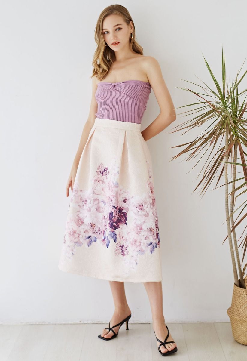 Lavender Peony Print Embossed Midi Skirt