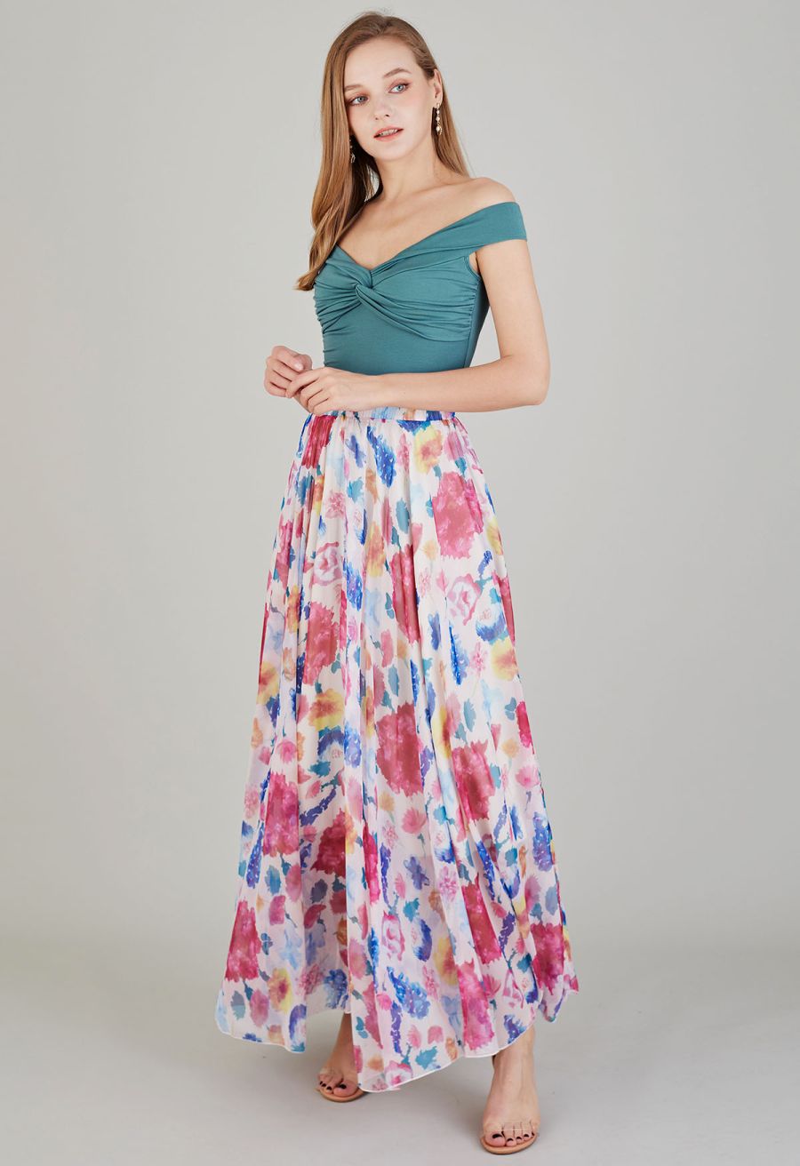 Colorful Blossom Printed Chiffon Maxi Skirt in Pink