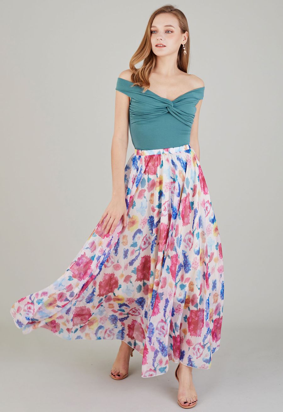 Colorful Blossom Printed Chiffon Maxi Skirt in Pink