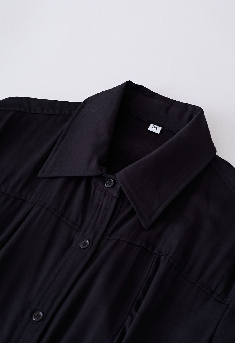 Cutout Waist Side Ruched Shirt Dress in Black