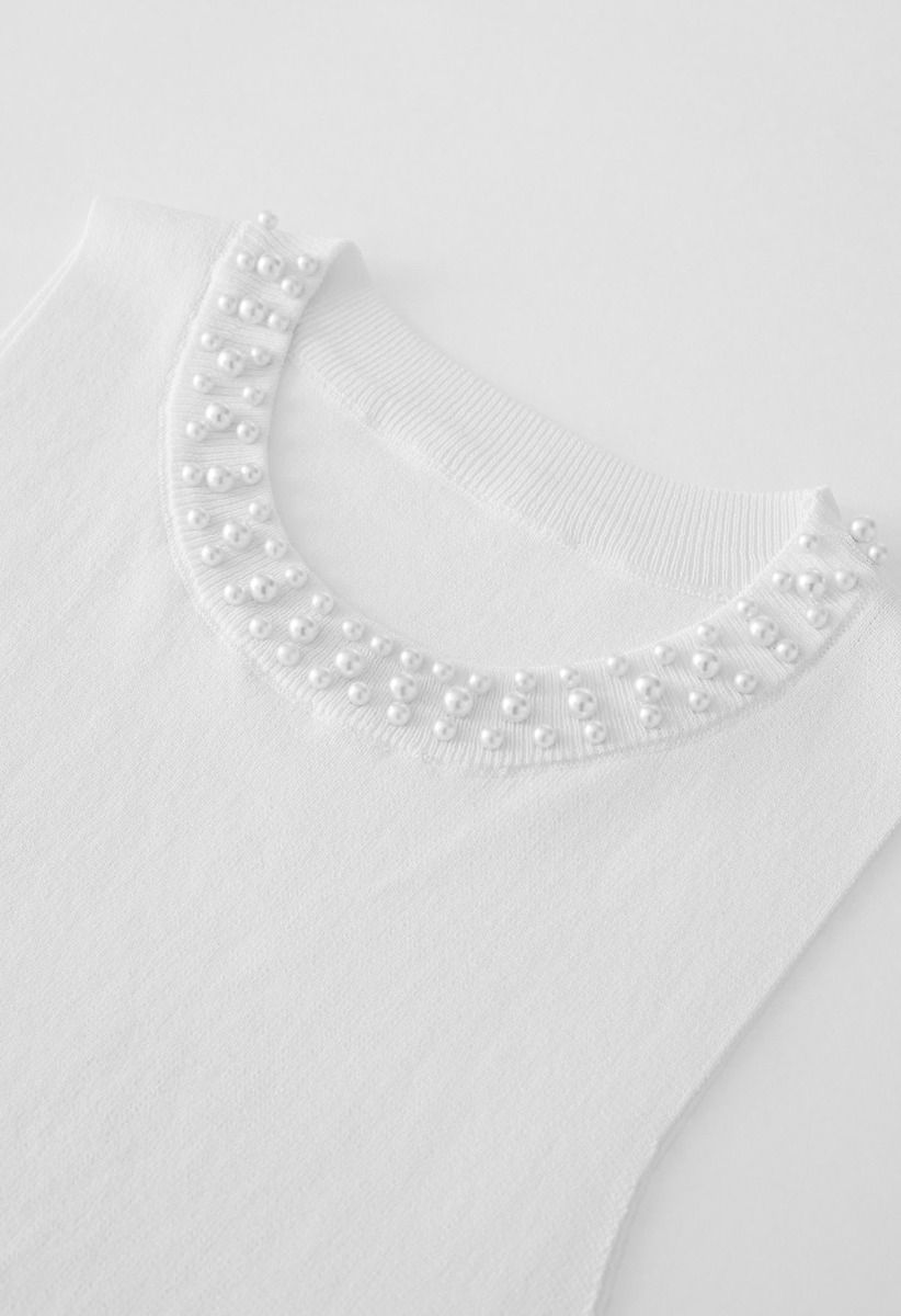 Pearly Neckline Knit Tank Top in White