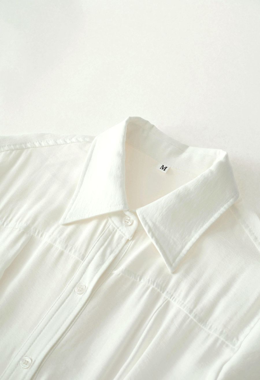 Cutout Waist Side Ruched Shirt Dress in White