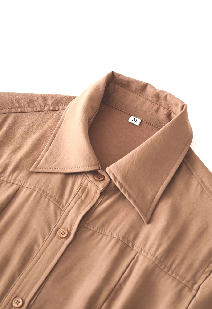 Cutout Waist Side Ruched Shirt Dress in Tan