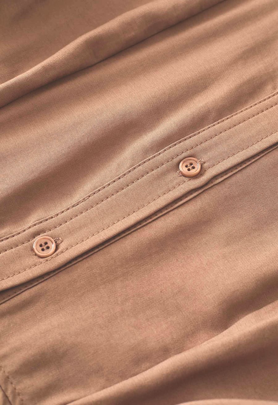 Cutout Waist Side Ruched Shirt Dress in Tan