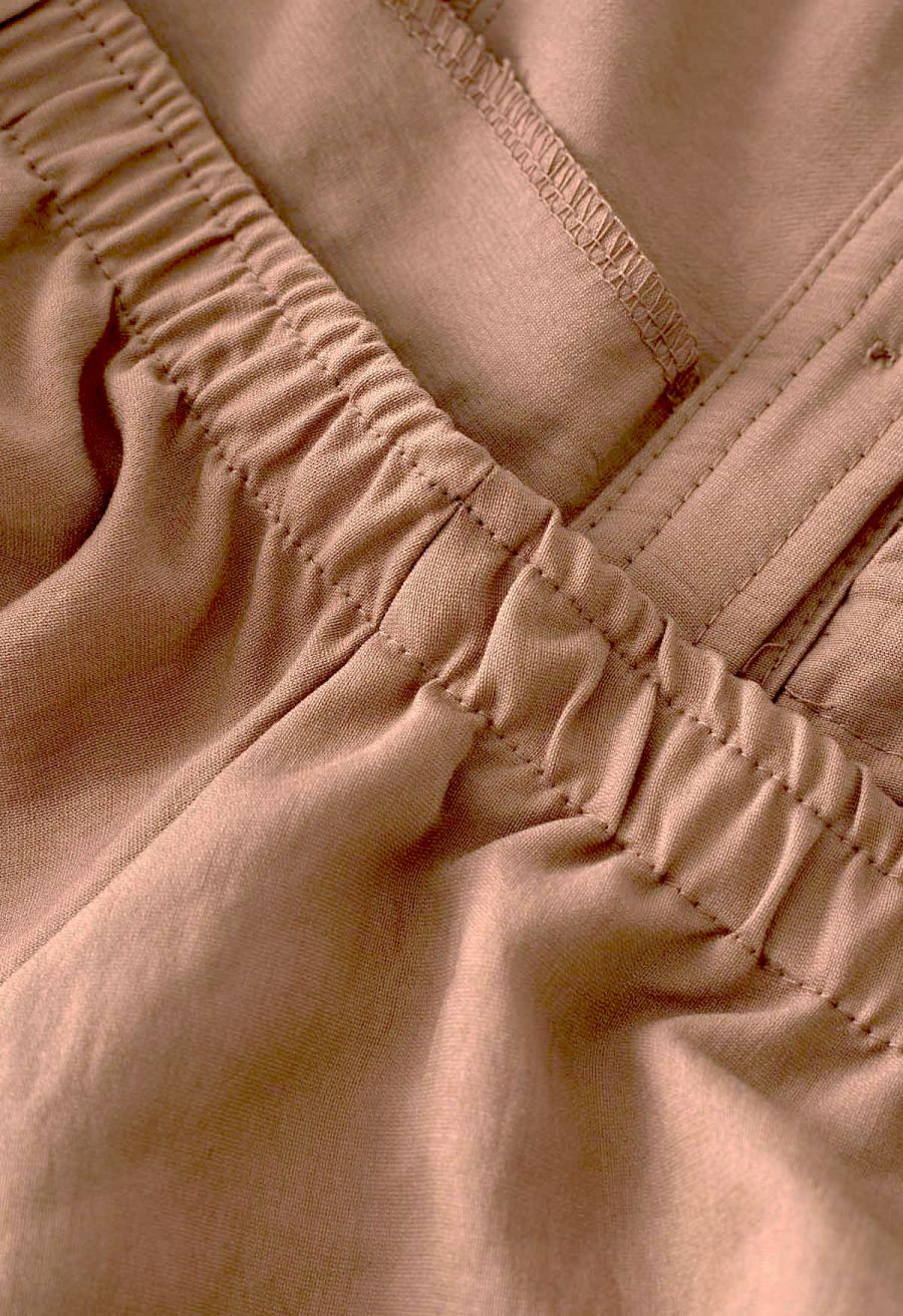 Cutout Waist Side Ruched Shirt Dress in Tan