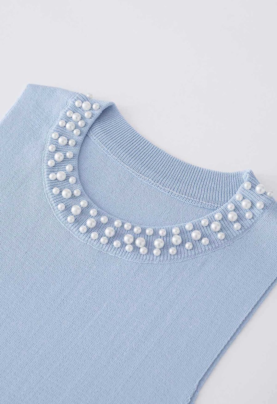 Pearly Neckline Knit Tank Top in Blue