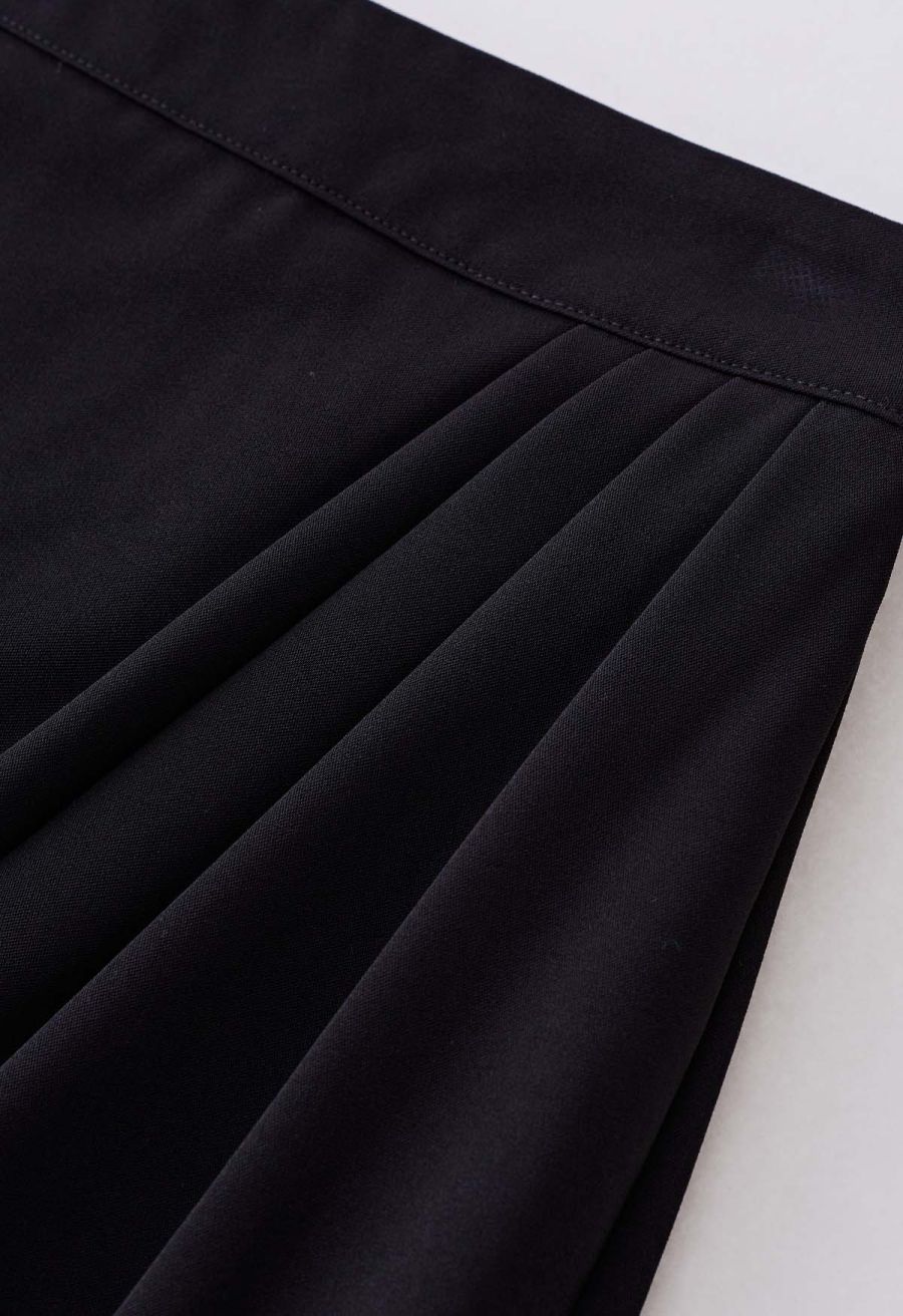 Side Pleated Tulip Midi Skirt in Black