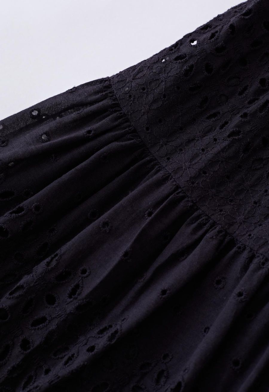 Floret Embroidered Eyelet Cotton Midi Skirt in Black