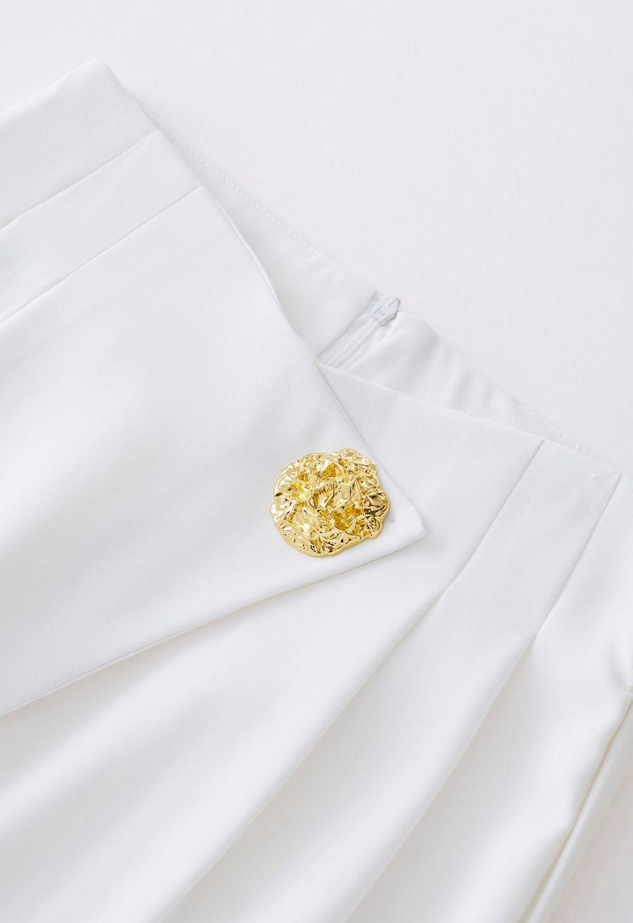 Golden Button Cross Waist Straight-Leg Pants in White