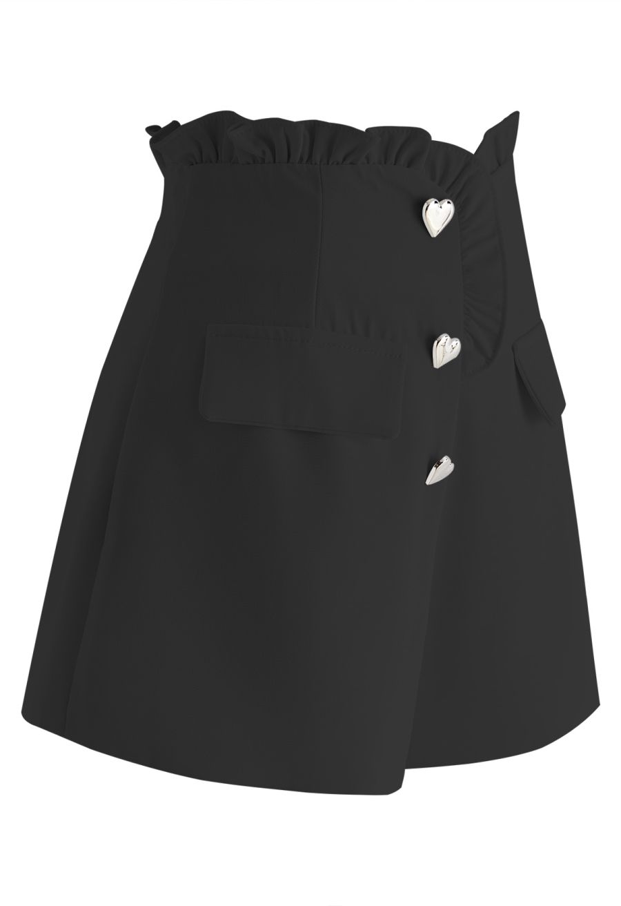 Heart-Shape Buttons Ruffle Trimmed Shorts in Black