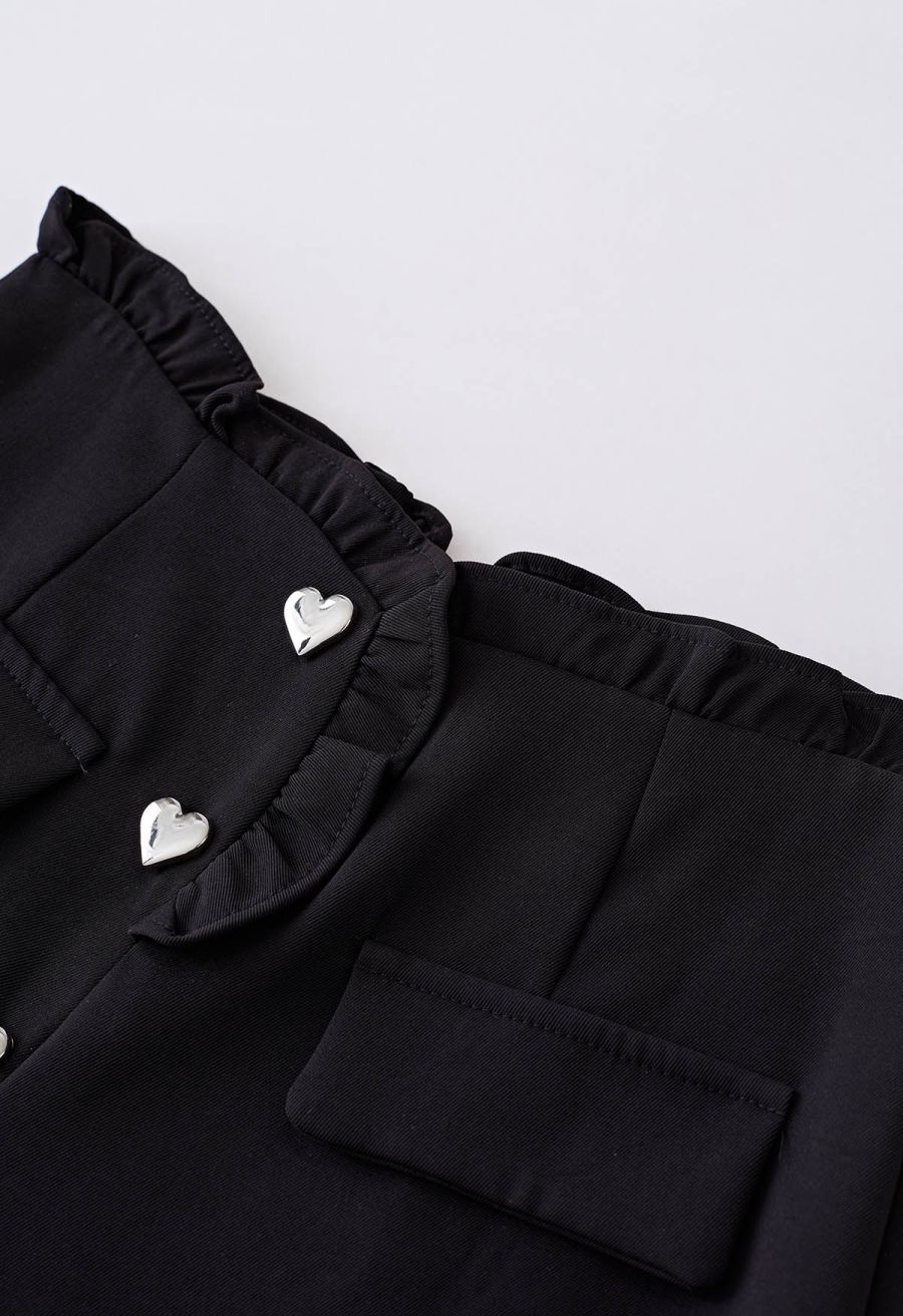 Heart-Shape Buttons Ruffle Trimmed Shorts in Black