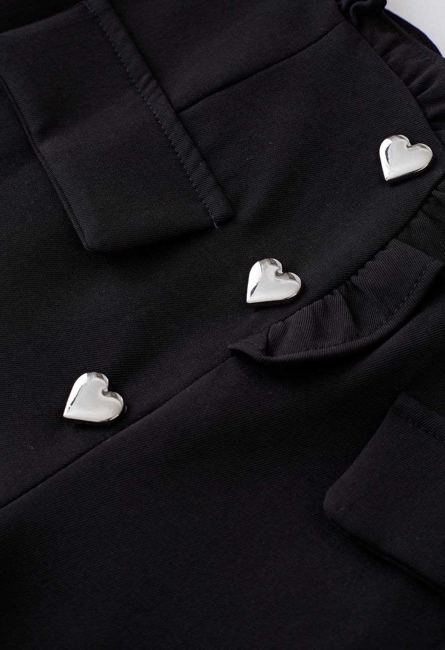 Heart-Shape Buttons Ruffle Trimmed Shorts in Black