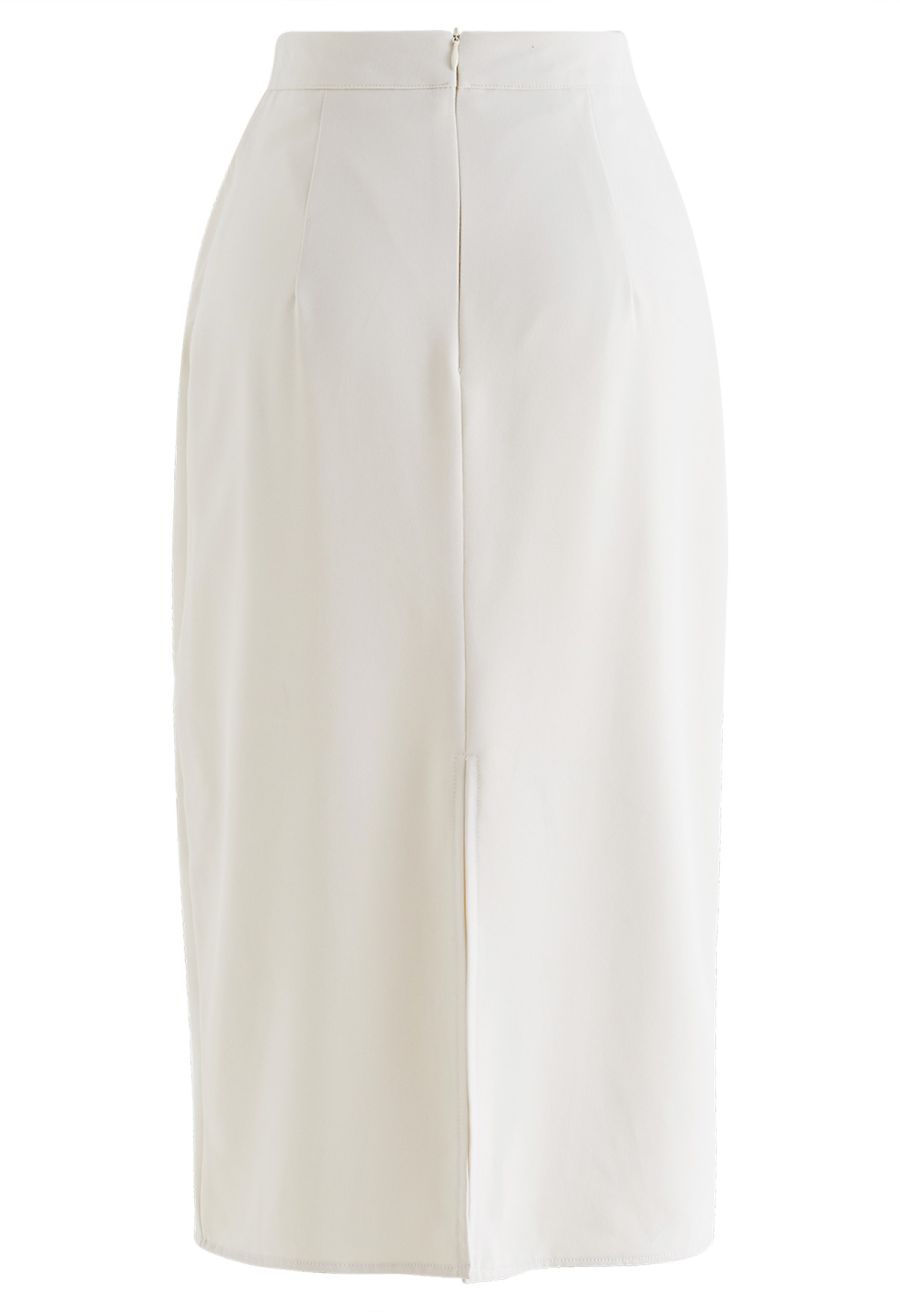 Side Pleated Tulip Midi Skirt in Ivory