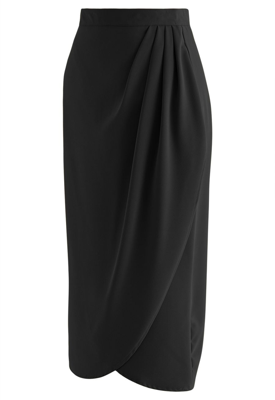 Side Pleated Tulip Midi Skirt in Black