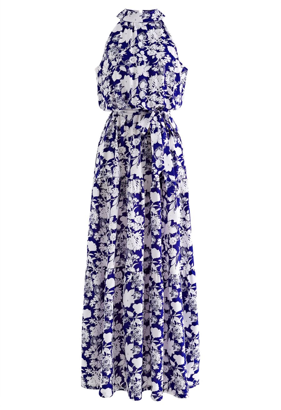 Halter Neck Tie Waist Maxi Dress in Indigo Floral