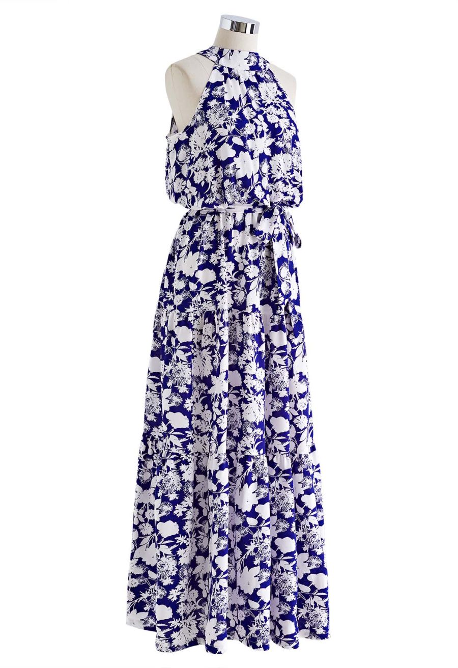 Halter Neck Tie Waist Maxi Dress in Indigo Floral