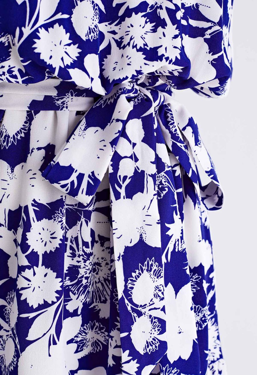Halter Neck Tie Waist Maxi Dress in Indigo Floral