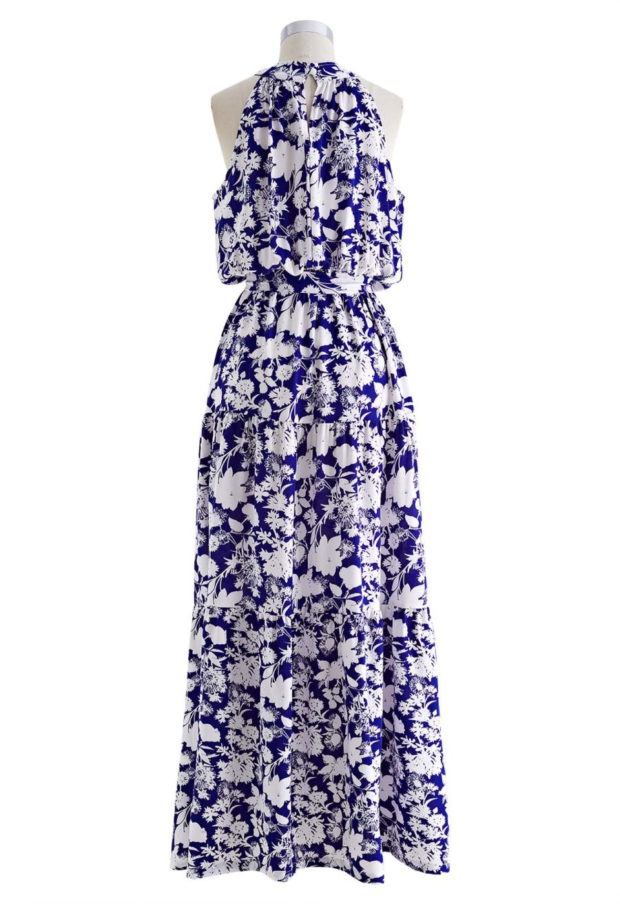 Halter Neck Tie Waist Maxi Dress in Indigo Floral