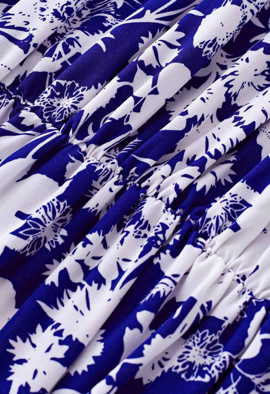 Halter Neck Tie Waist Maxi Dress in Indigo Floral