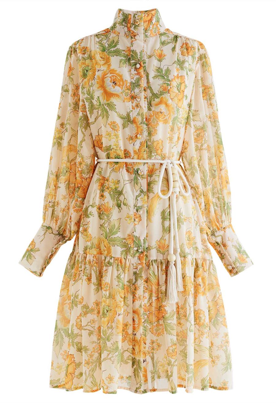 High Neck Orange Floral Printed Dress