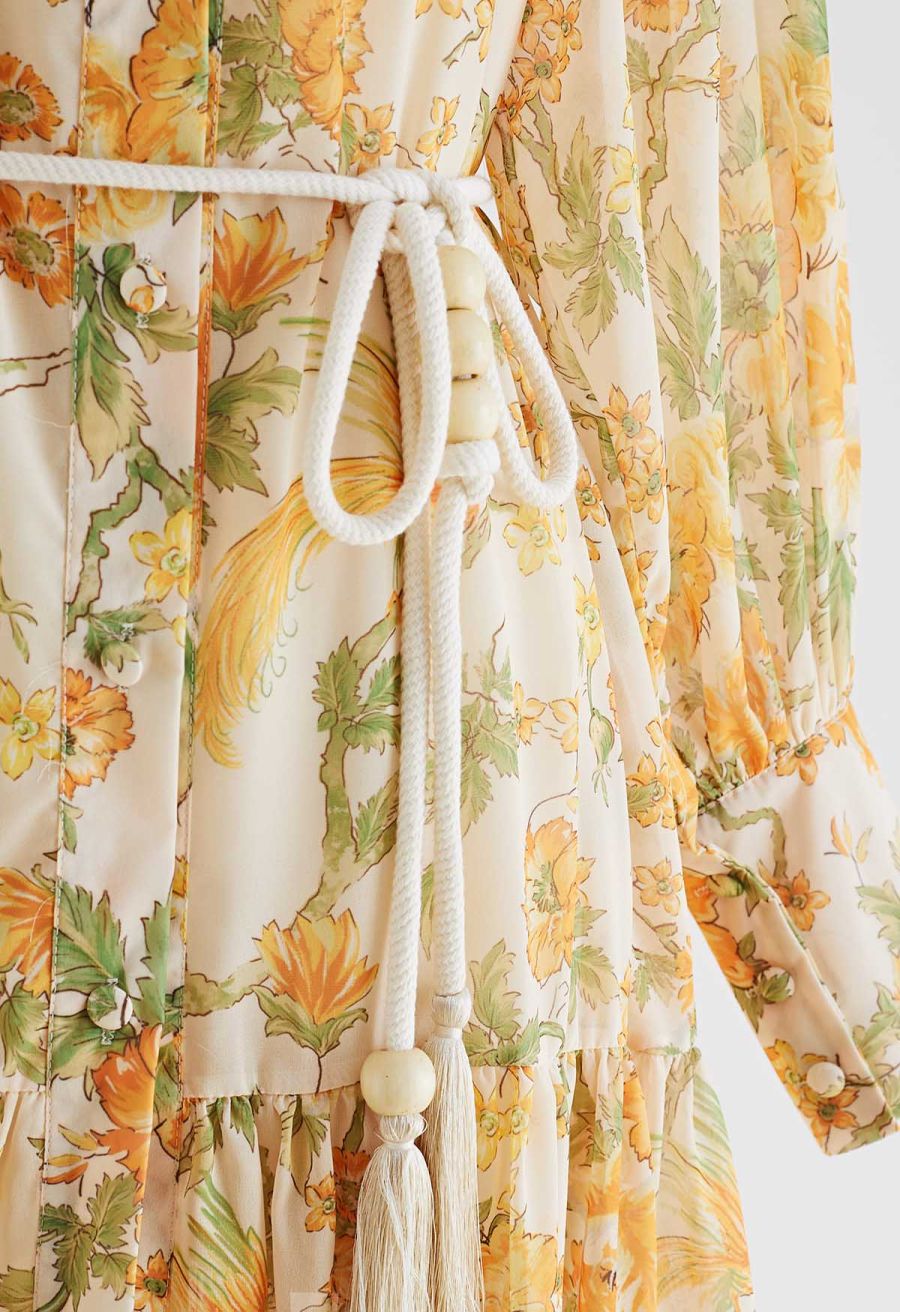 High Neck Orange Floral Printed Dress