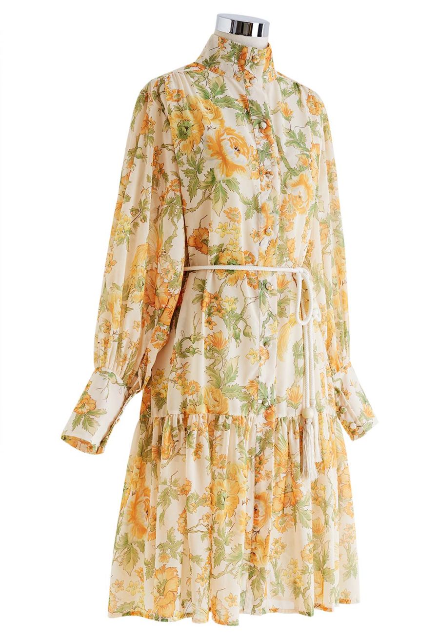 High Neck Orange Floral Printed Dress