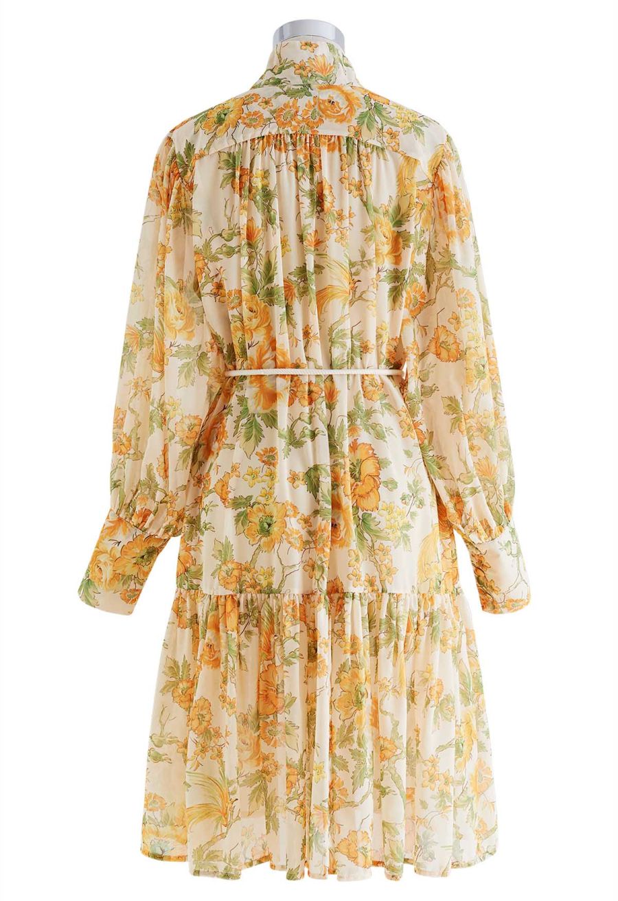 High Neck Orange Floral Printed Dress