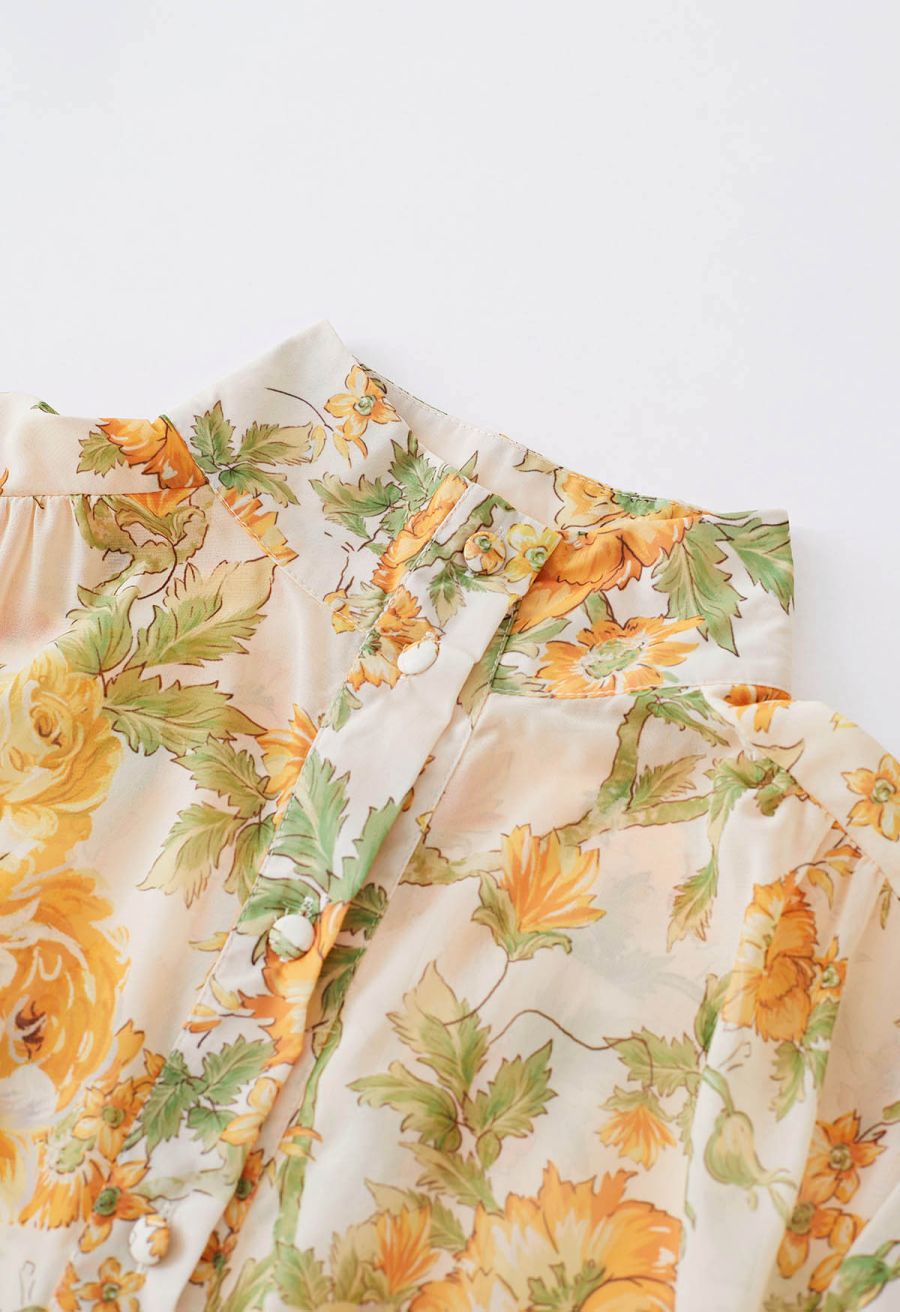 High Neck Orange Floral Printed Dress