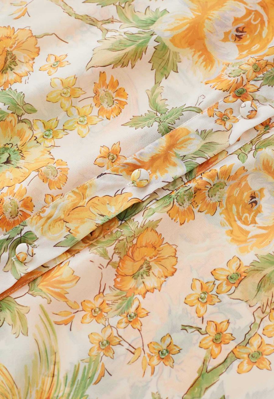 High Neck Orange Floral Printed Dress