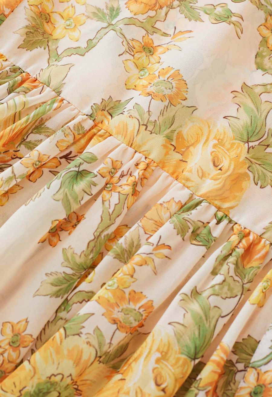High Neck Orange Floral Printed Dress