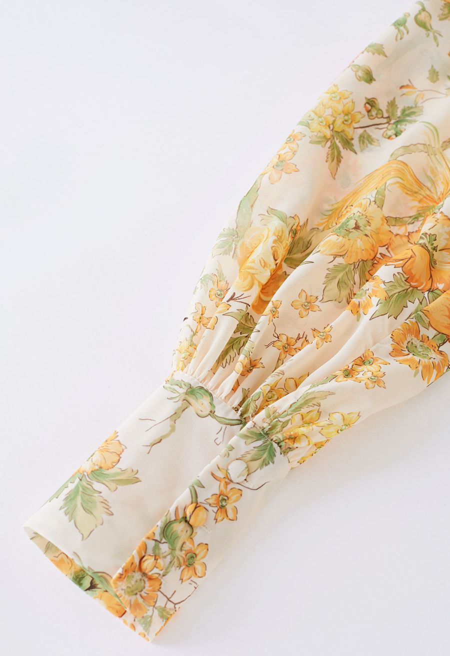 High Neck Orange Floral Printed Dress