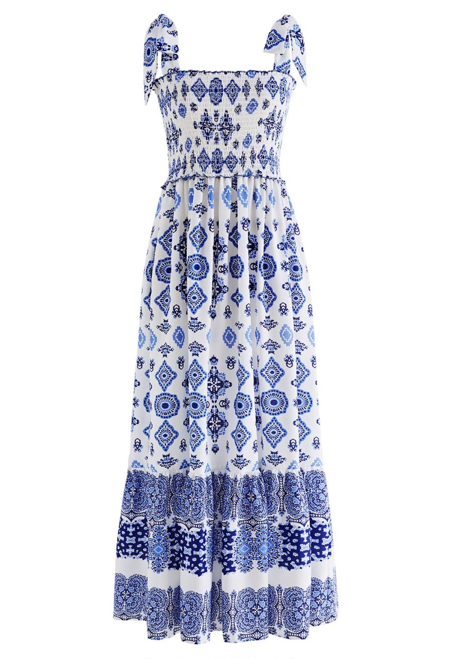 Blue Tiles Printed Tie-Strap Maxi Dress
