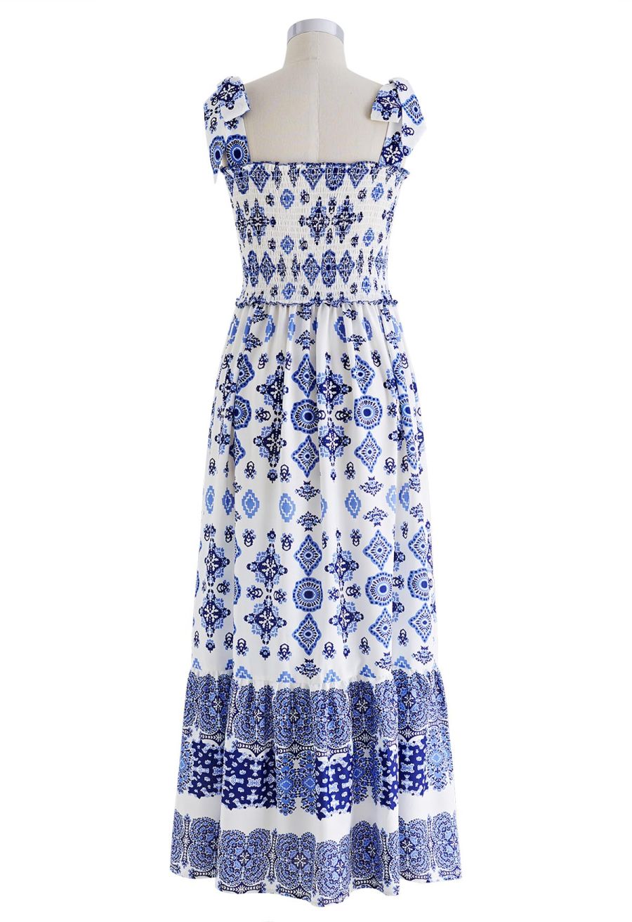 Blue Tiles Printed Tie-Strap Maxi Dress